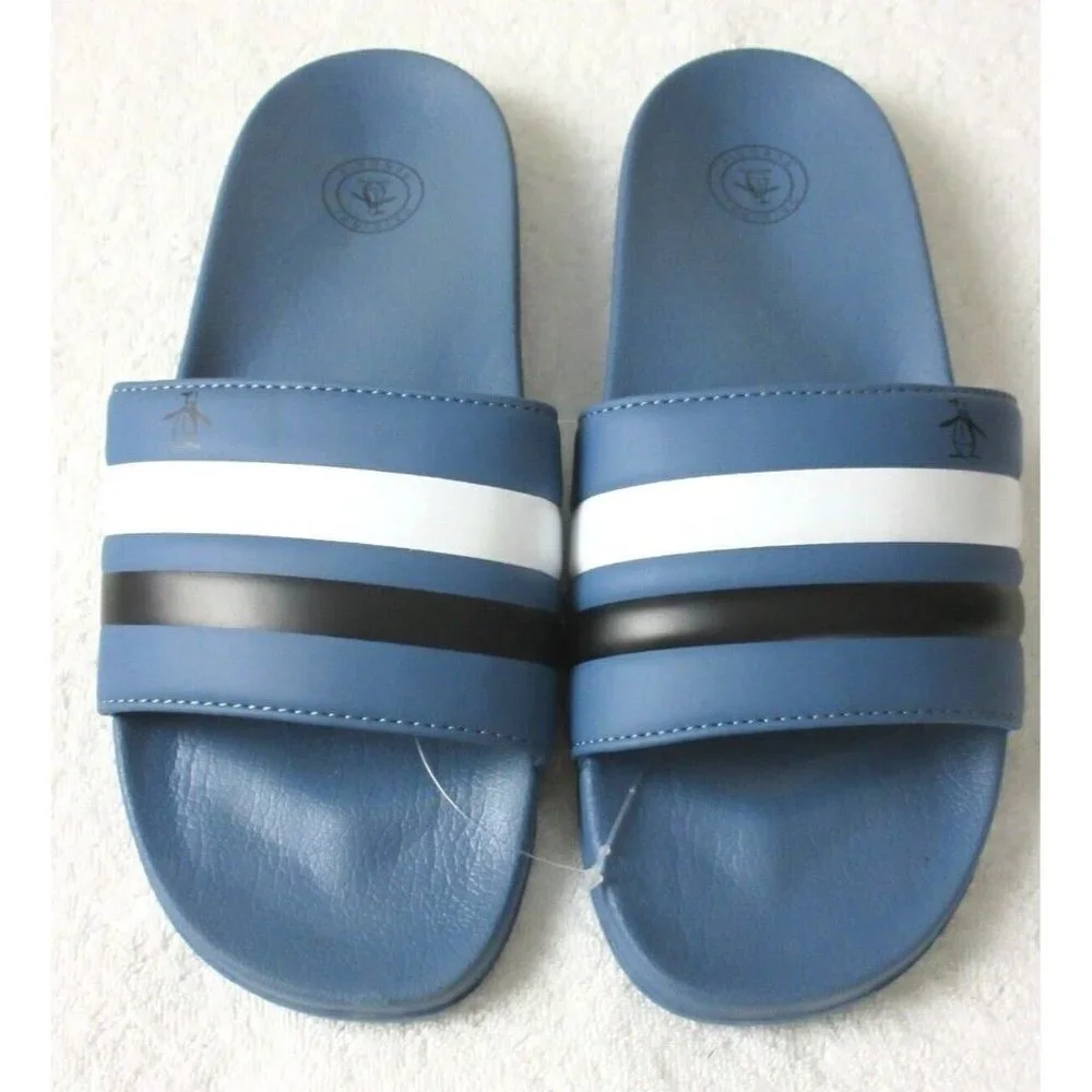 Original Penguin Men's Earle Slide Sandal Blue White Dark Blue Black NWT Classic